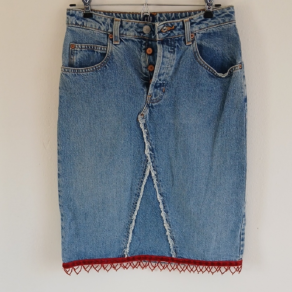Vintage Gap Denim Midi Fringe Skirt Womens Cotton Made In USA Size 2
